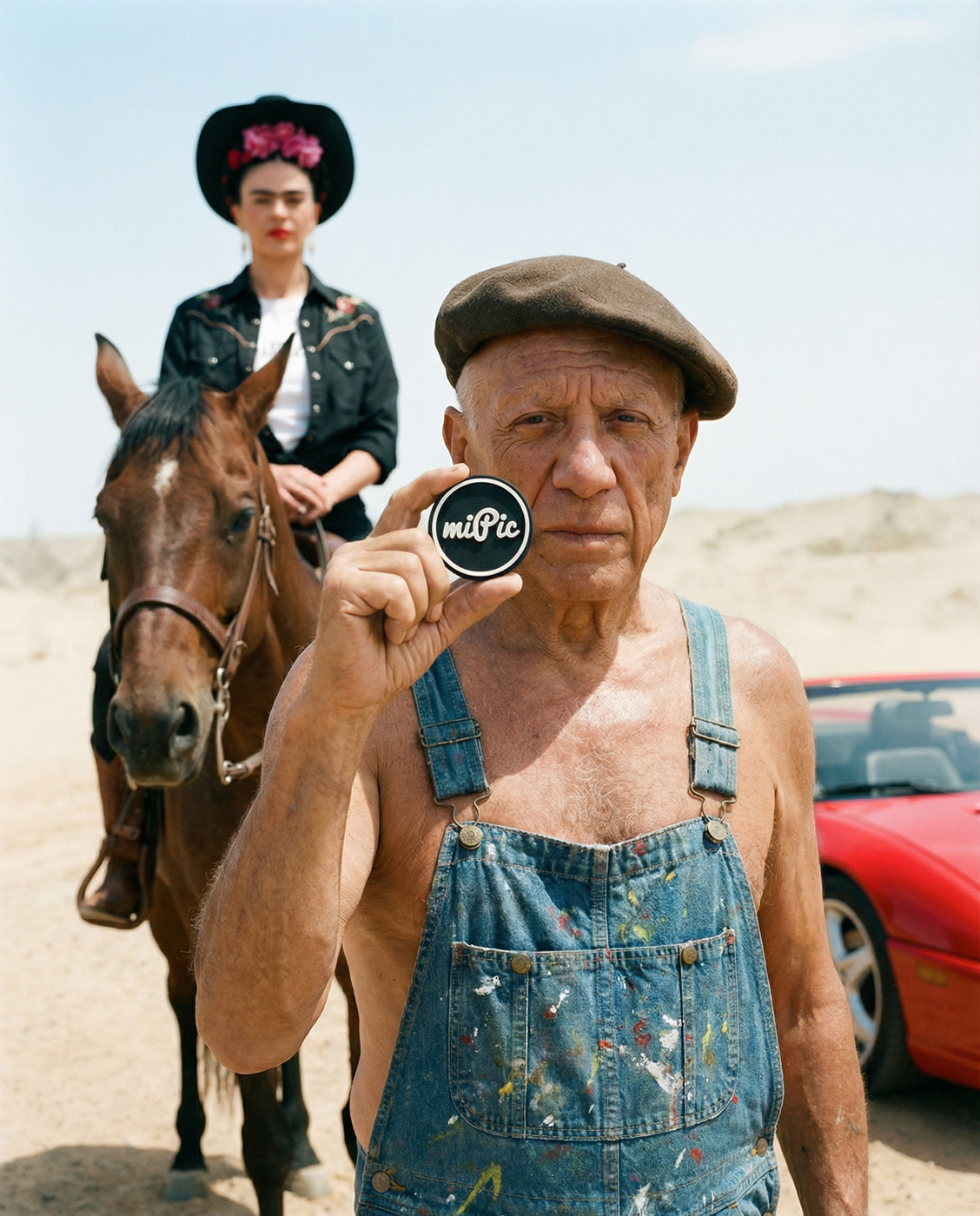 Picasso holding the miPic token in the desert